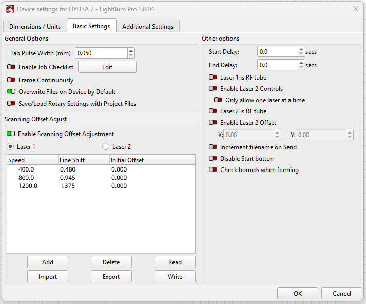Scanning offset settings window in LightBurn software