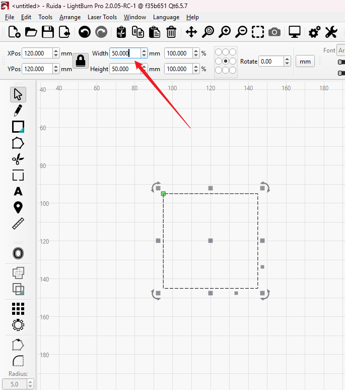 Cut 50x50mm square for calibration test