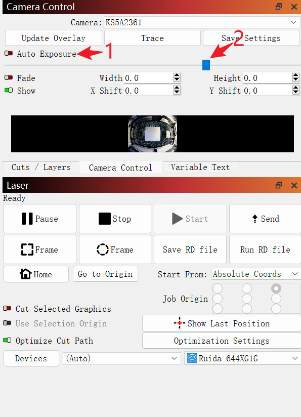 Adjust camera exposure settings in LightBurn