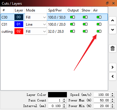 Air assist enabled in LightBurn layer settings