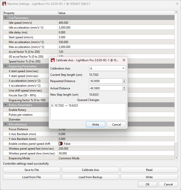 LightBurn axis calibration window