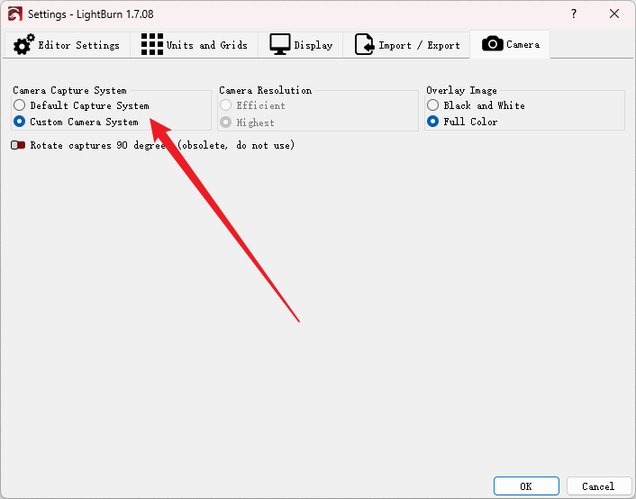 LightBurn custom camera system setting version 1.7