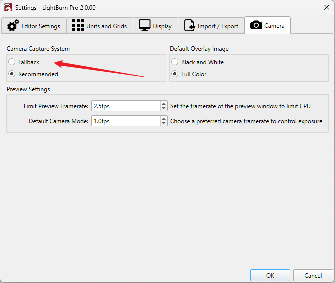 LightBurn camera capture settings version 2.0