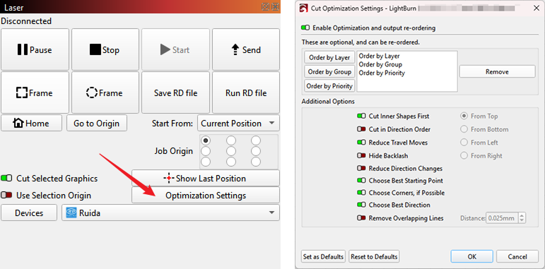 LightBurn optimization settings window