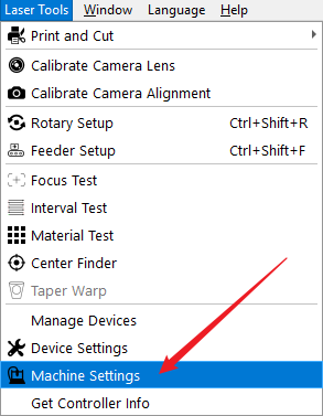 LightBurn machine settings menu