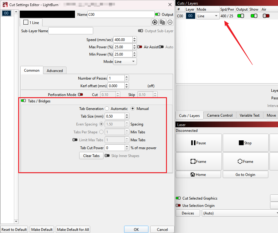 Tabs and bridges setting in LightBurn