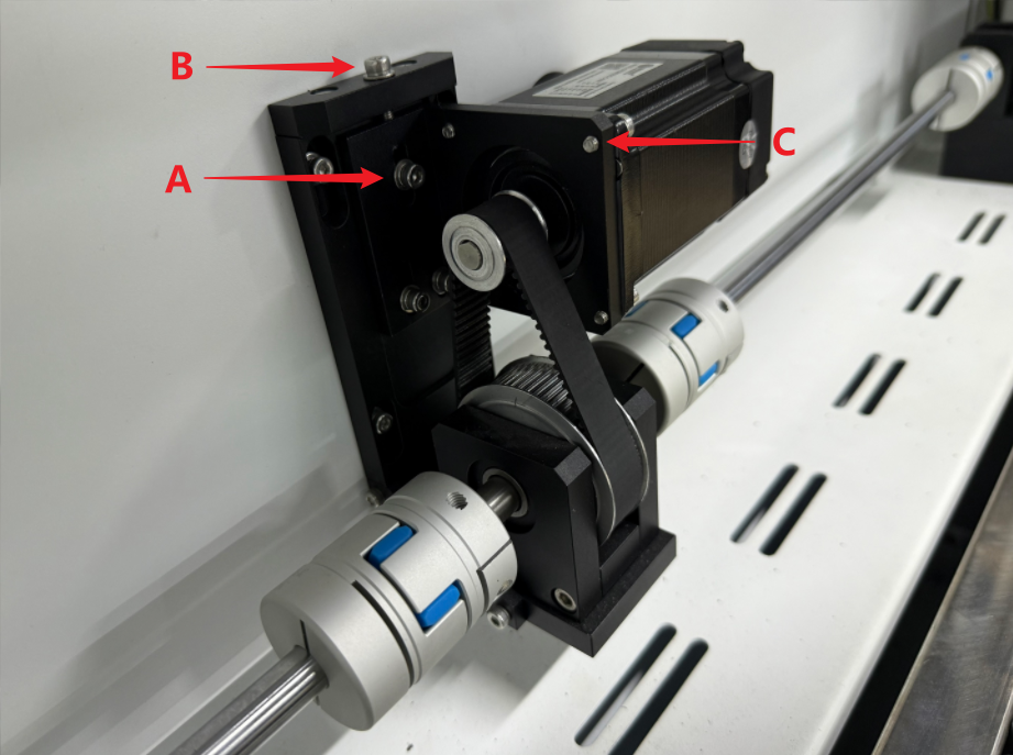 Diagram showing how to adjust the Y-axis drive belt tension on OneLaser X Series