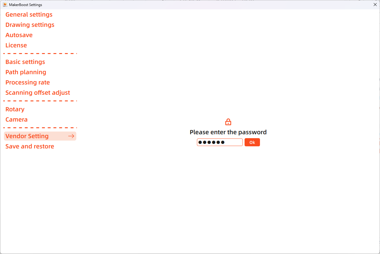 MakerBoost vendor settings menu
