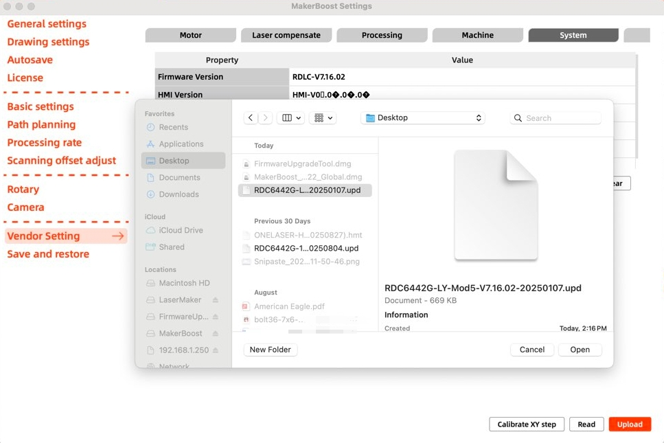 Firmware upload dialog in MakerBoost