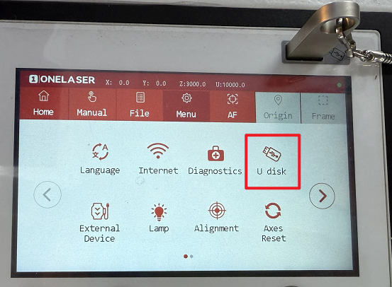 Hydra Series touchscreen menu showing USB upgrade option