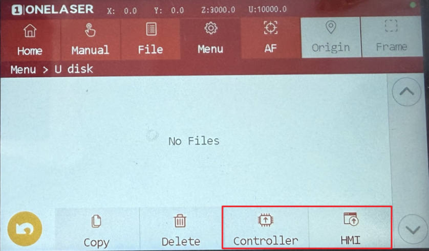 Selecting controller firmware update from USB drive on Hydra laser