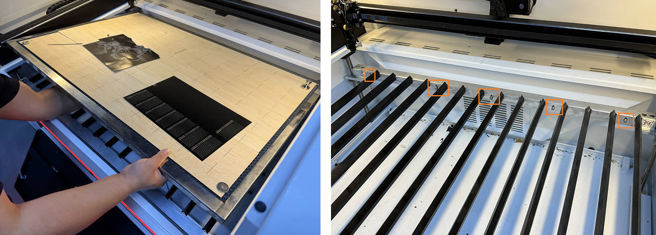 Honeycomb panel removed to show support bars and screws