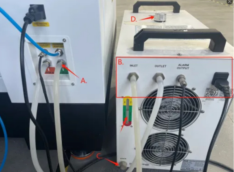 Water chiller maintenance showing drainage and refill levels