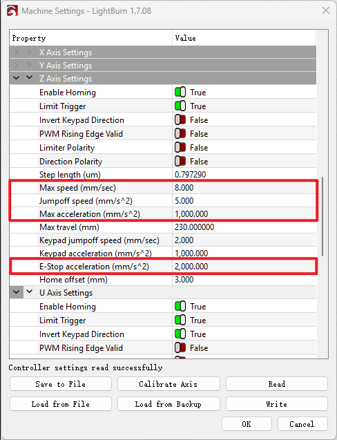 Z-axis factory parameter settings in LightBurn