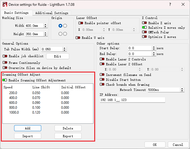 LightBurn scanning offset adjustment