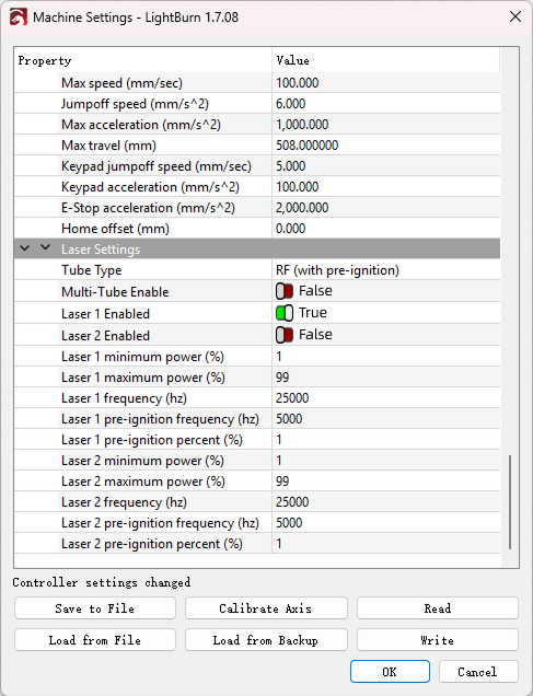 LightBurn laser settings section