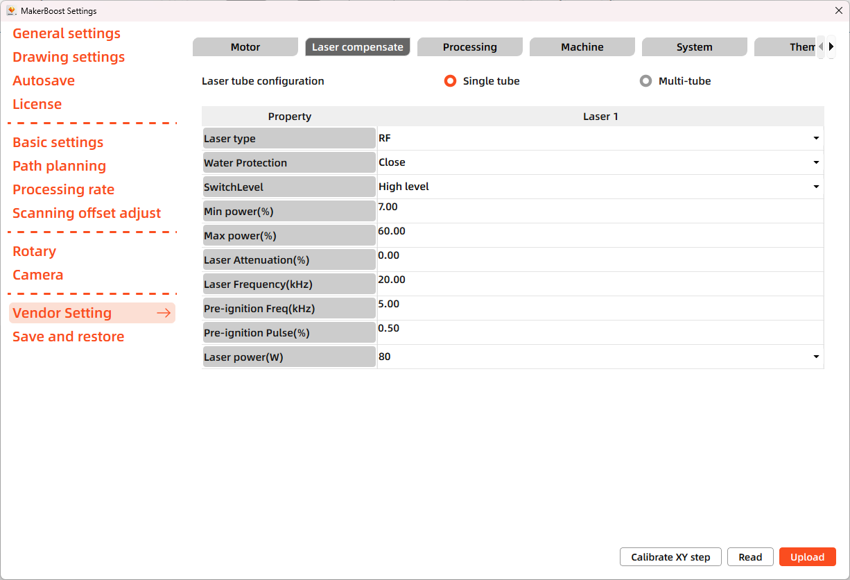 MakerBoost laser compensate settings