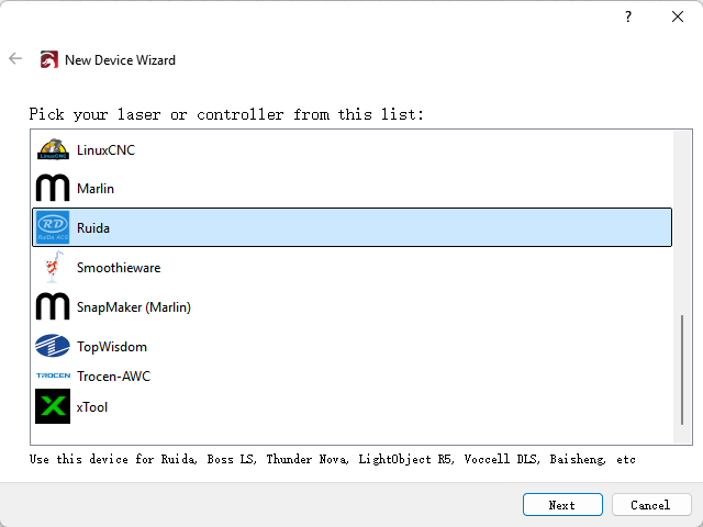 LightBurn Ruida controller selection