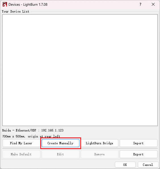 LightBurn create device manually