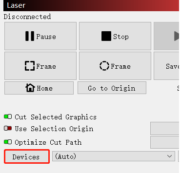 LightBurn devices button