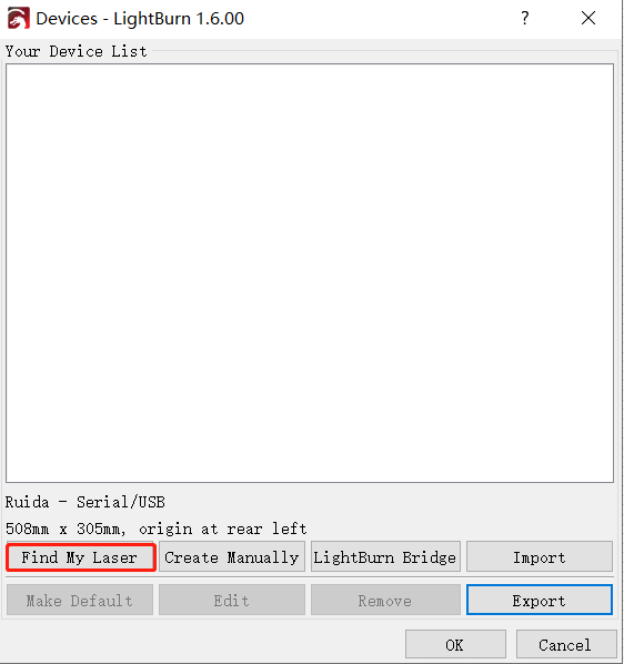 LightBurn find my laser dialog