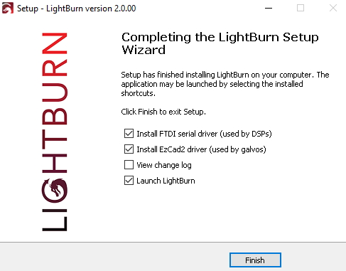 LightBurn installation complete screen