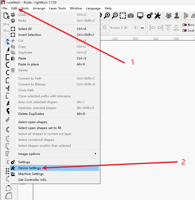 LightBurn device settings menu