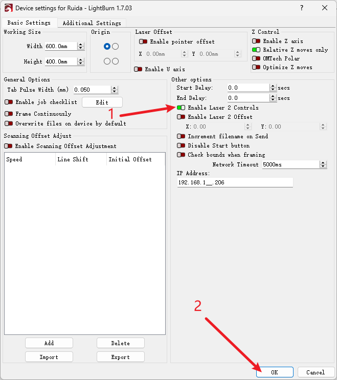 LightBurn enable laser 2 controls