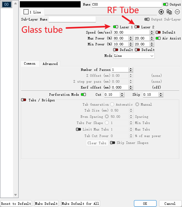 LightBurn layer settings for laser 1 or 2
