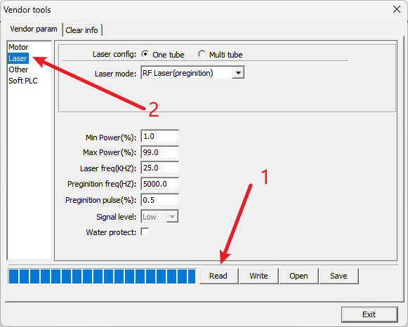 RDWorks laser settings tab