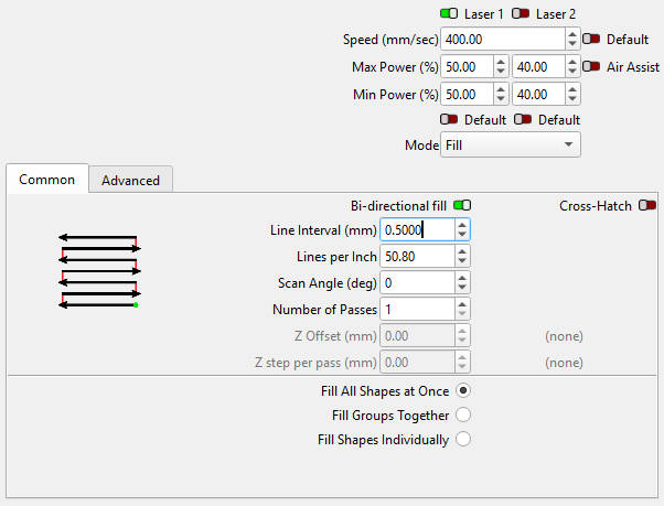 LightBurn layer settings for scanning offset test engraving