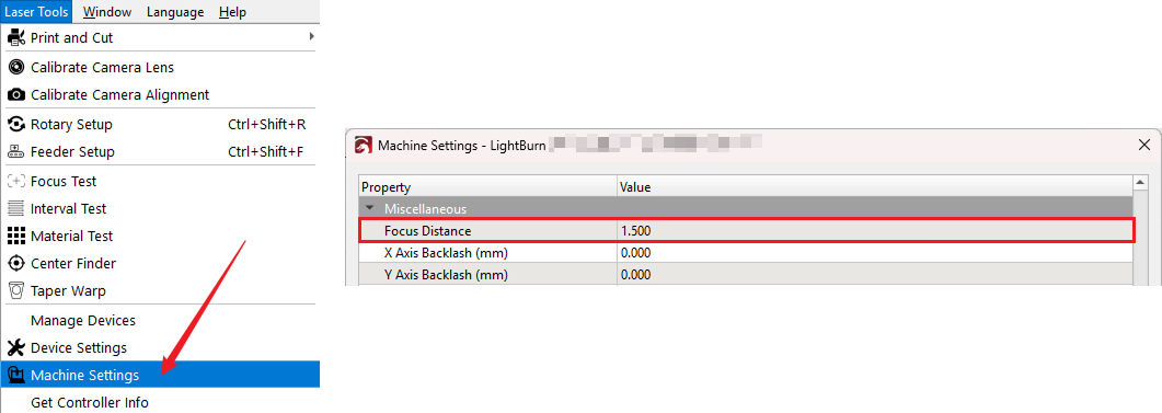 Machine settings menu showing focus distance parameter