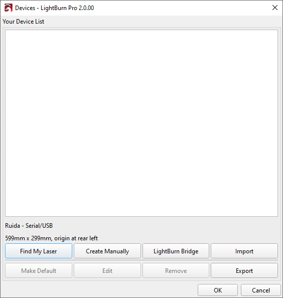 Lightburn Find My Laser window screenshot