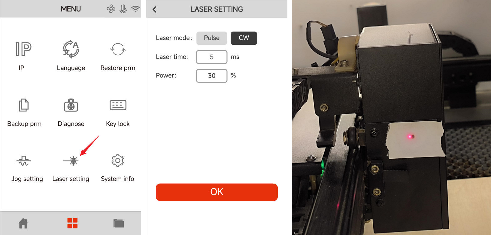 Pulse button on control panel for leaving alignment burn mark