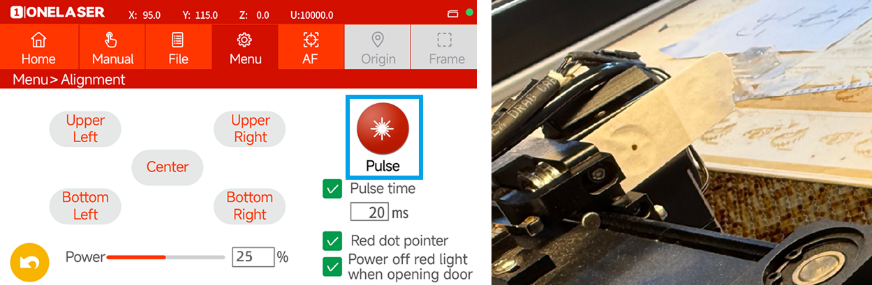 Laser pulse burn mark test on mirror mount tape