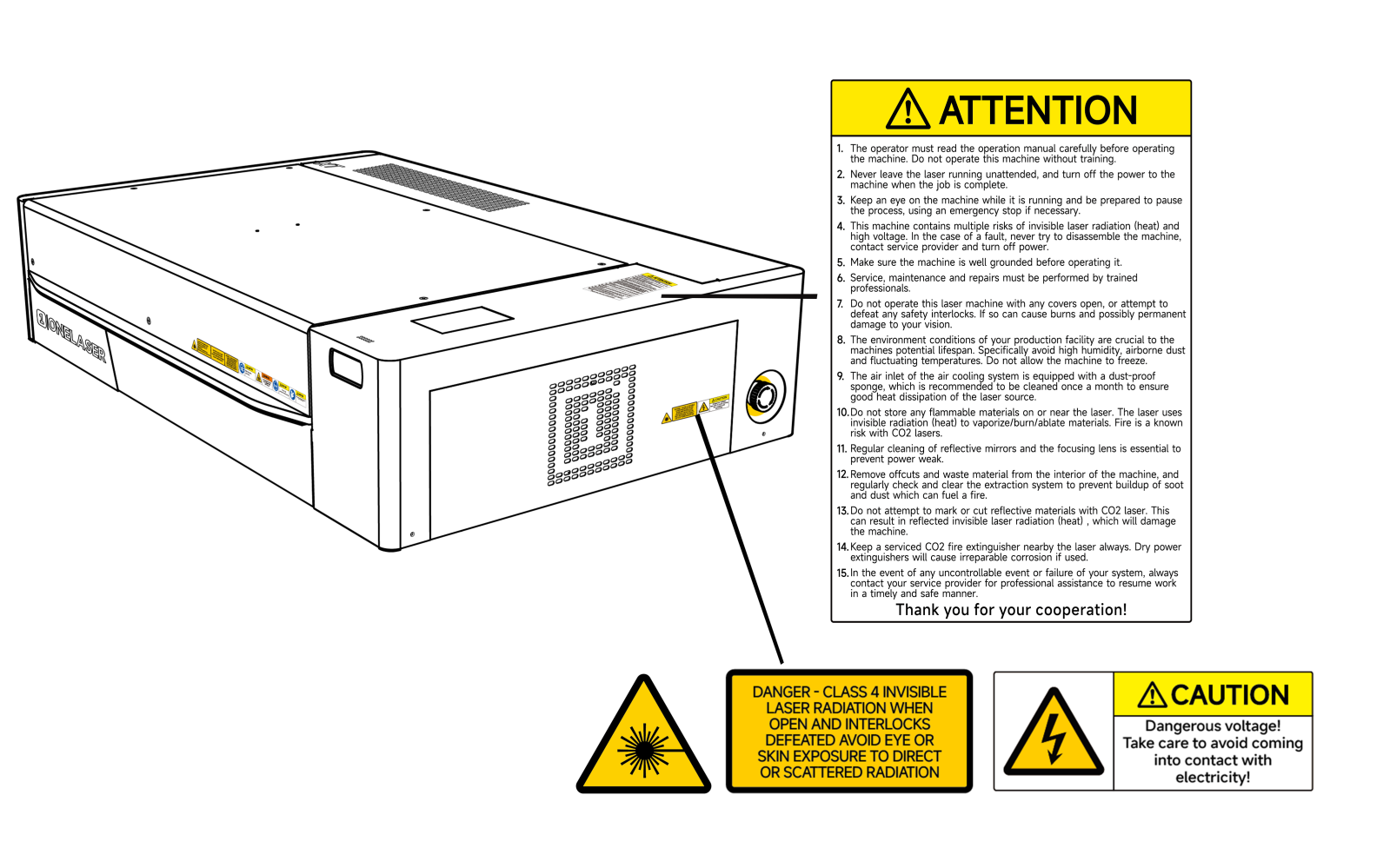 Machine safety instruction label used on X Series laser systems