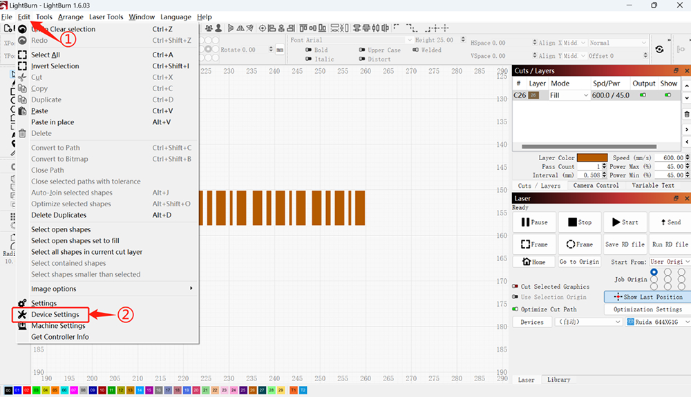 Opening device settings in LightBurn software