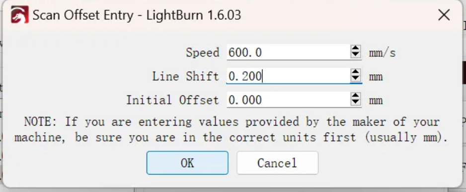 Increasing scan offset value in LightBurn