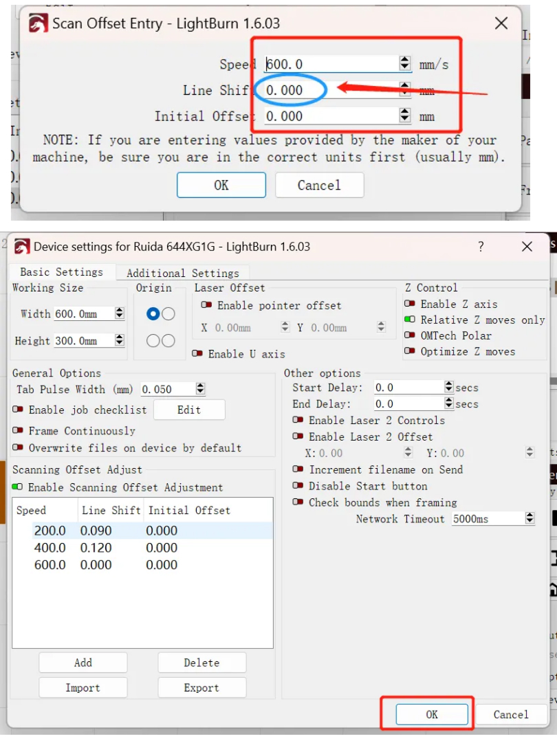 Setting engraving speed and line shift to zero