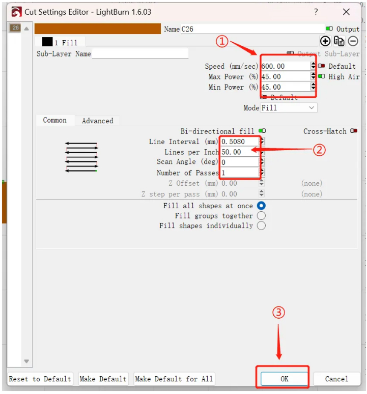 Setting engraving speed and line density