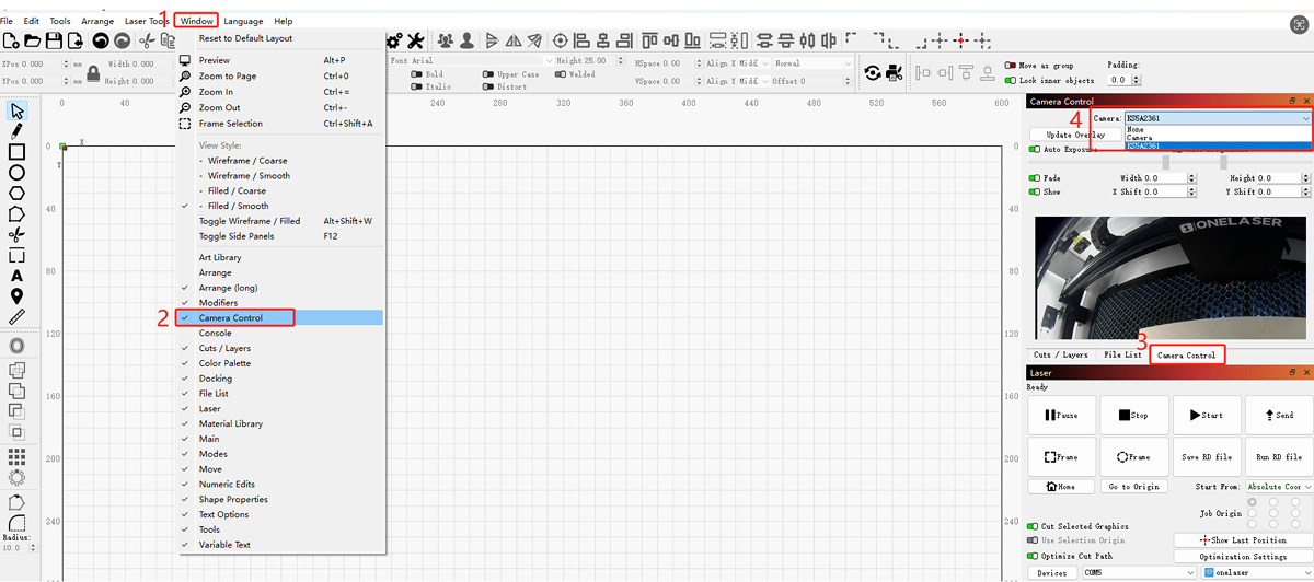 LightBurn Camera Control window with camera selected