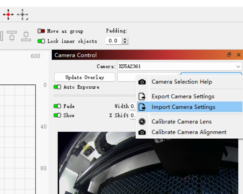 LightBurn camera settings menu for calibration import