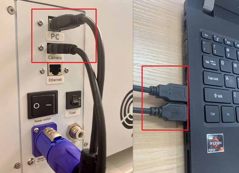 Connect USB and camera cables to machine
