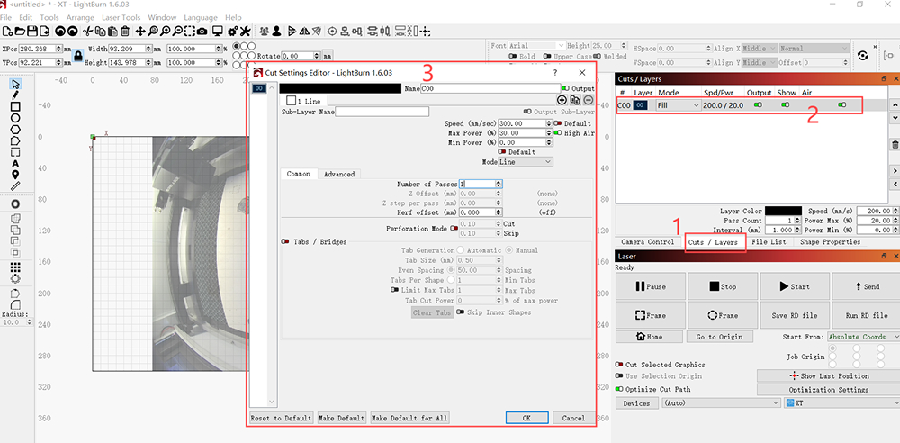 Set processing parameters in LightBurn
