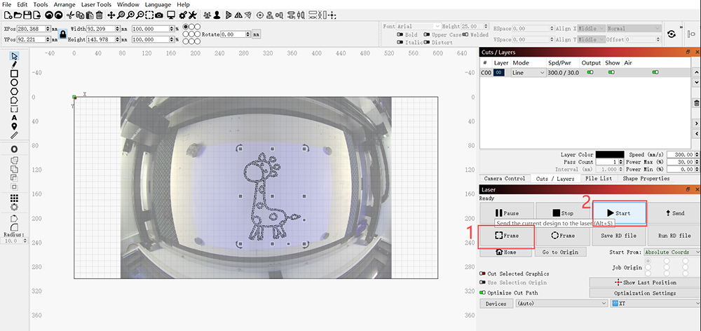 Frame and start laser processing
