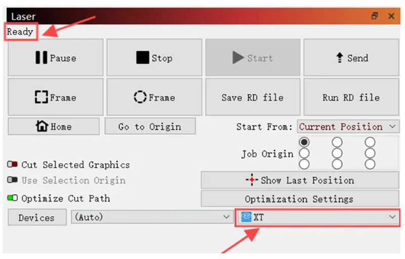 LightBurn ready status on screen