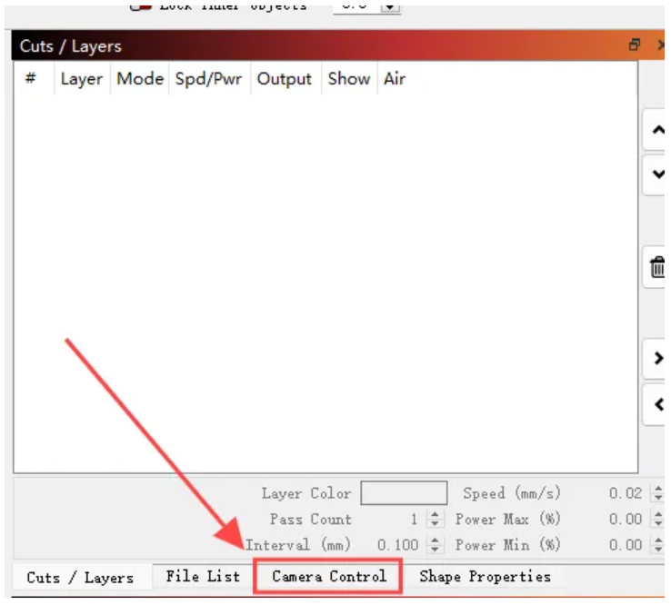 Open camera control in LightBurn