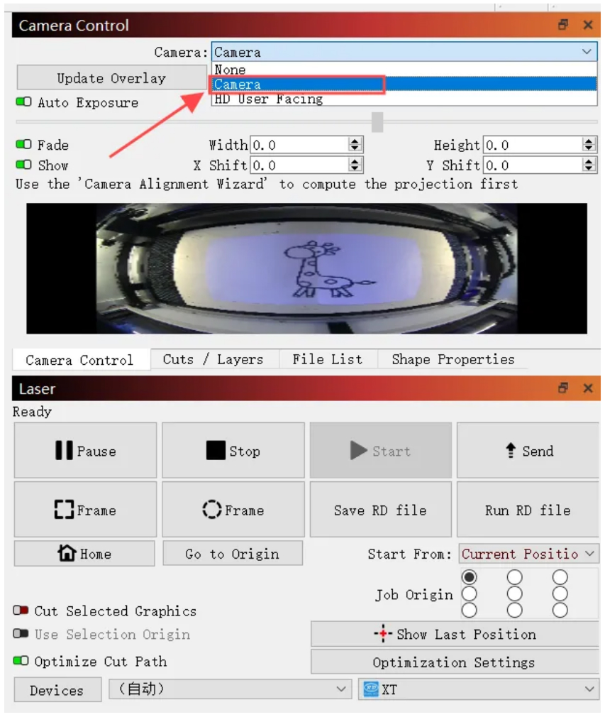 Select LightBurn camera device