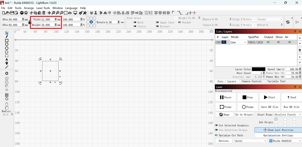 Adjust laser file size in LightBurn workspace