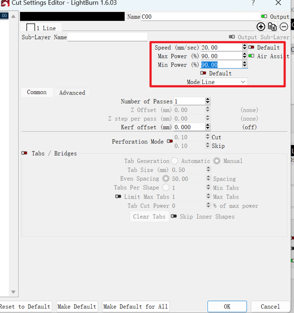 Set laser cutting and engraving parameters in LightBurn